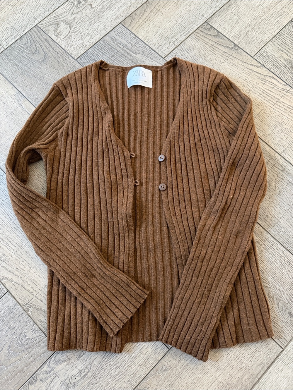 Zara Girls Ribbed Brown Button-Front Sweater